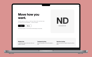 NovaDrive ride-booking app landing page on a laptop, showing the hero section and key feature cards