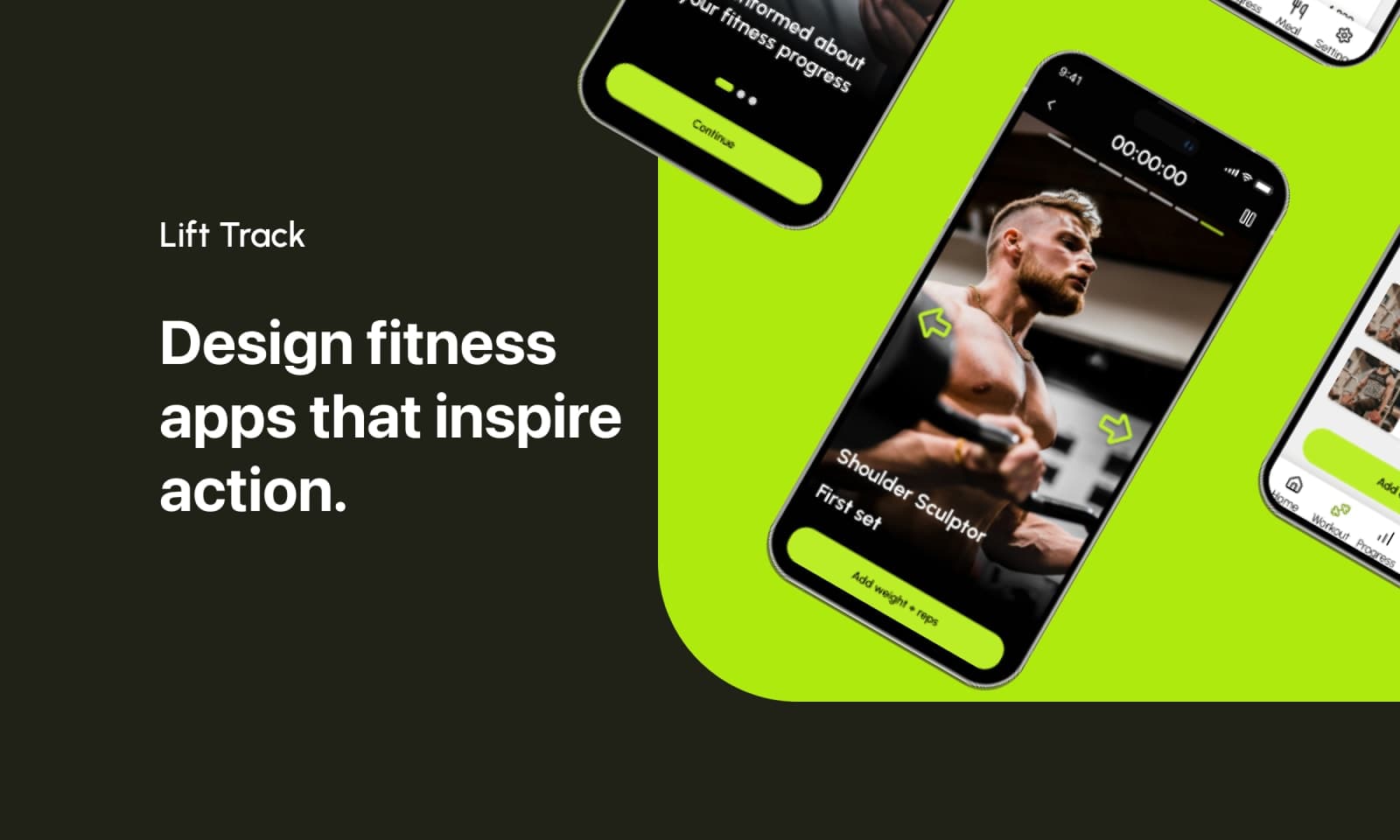 Lift Track fitness app UI kit mockup displayed on multiple iPhones with workout tracking screens — designed by Abdullah Al-Marweai