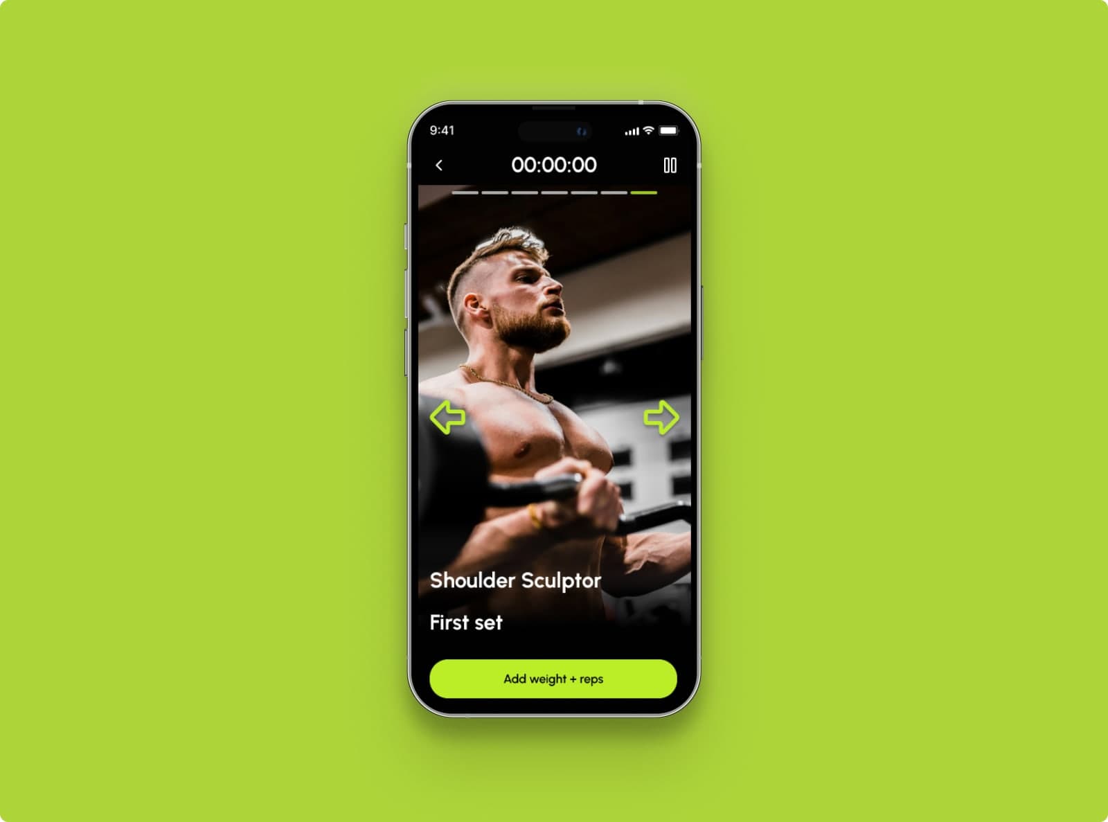 Lift Track fitness app workout screen showing a Shoulder Sculptor exercise with a timer and weight tracking input — designed by Abdullah Al-Marweai