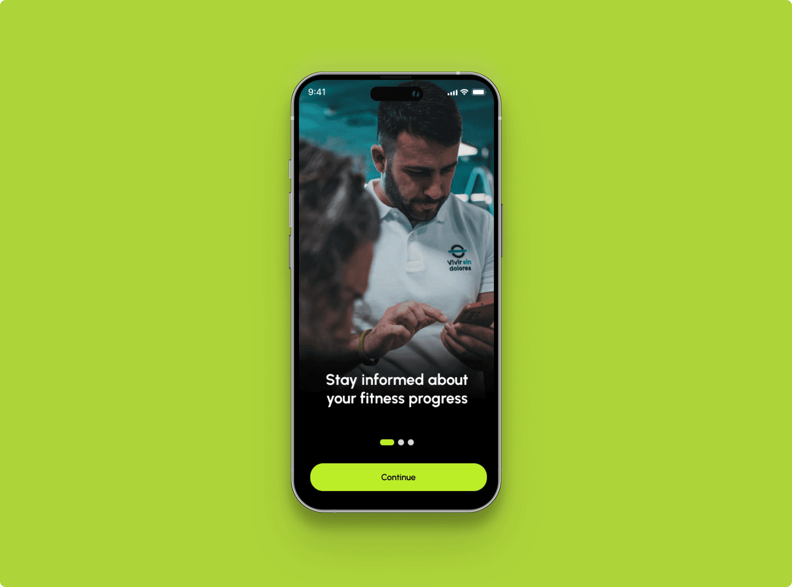 Lift Track fitness app onboarding screen showing a personal trainer with the text Stay informed about your fitness progress — designed by Abdullah Al-Marweai