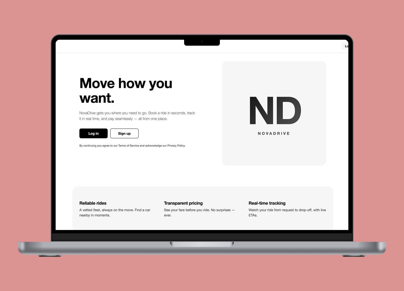NovaDrive ride-booking app landing page on a laptop, showing the hero section and key feature cards