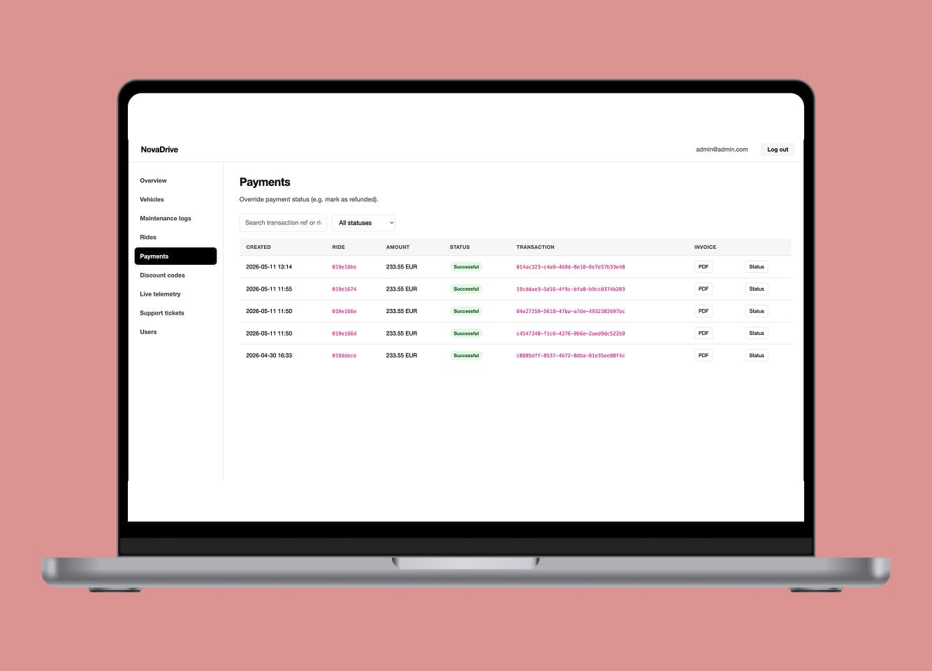 NovaDrive admin payments dashboard on a laptop showing a transaction history table with status indicators