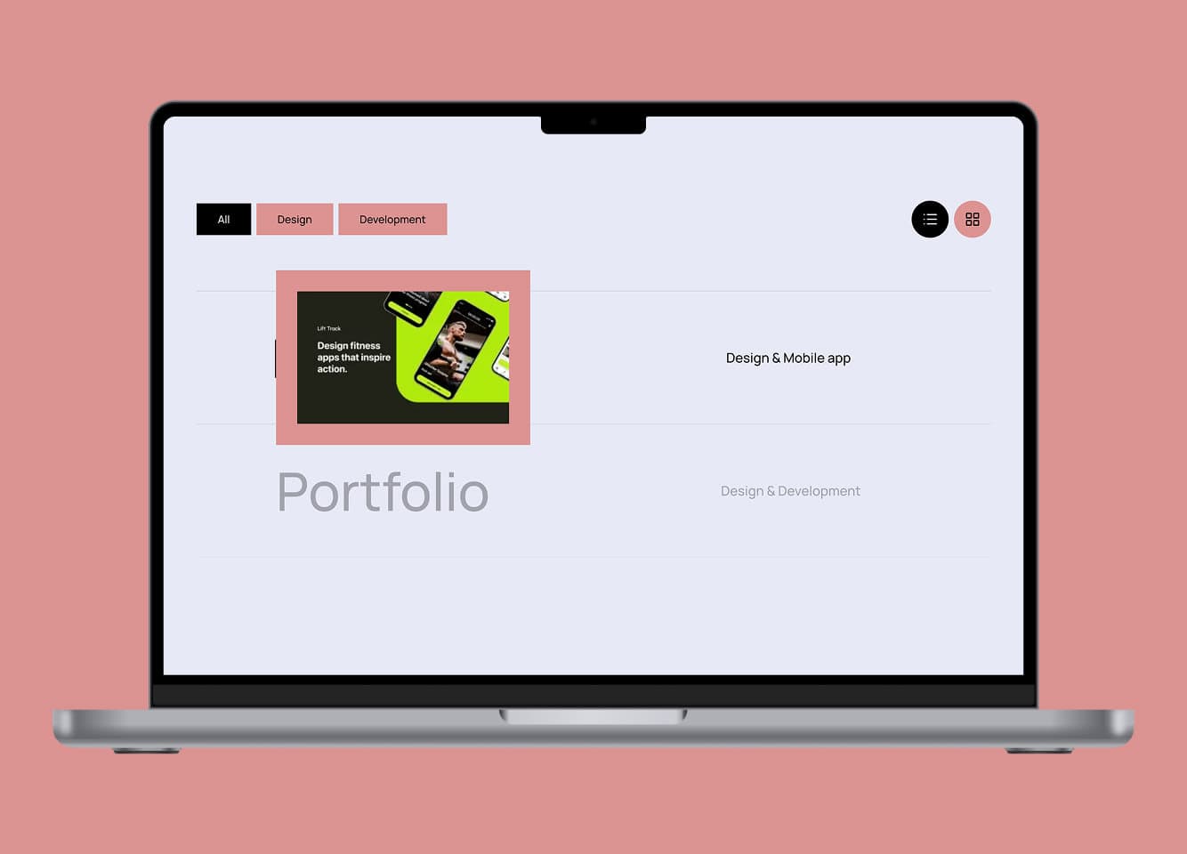 MacBook mockup showing a portfolio website with category filters and a fitness app project in list view