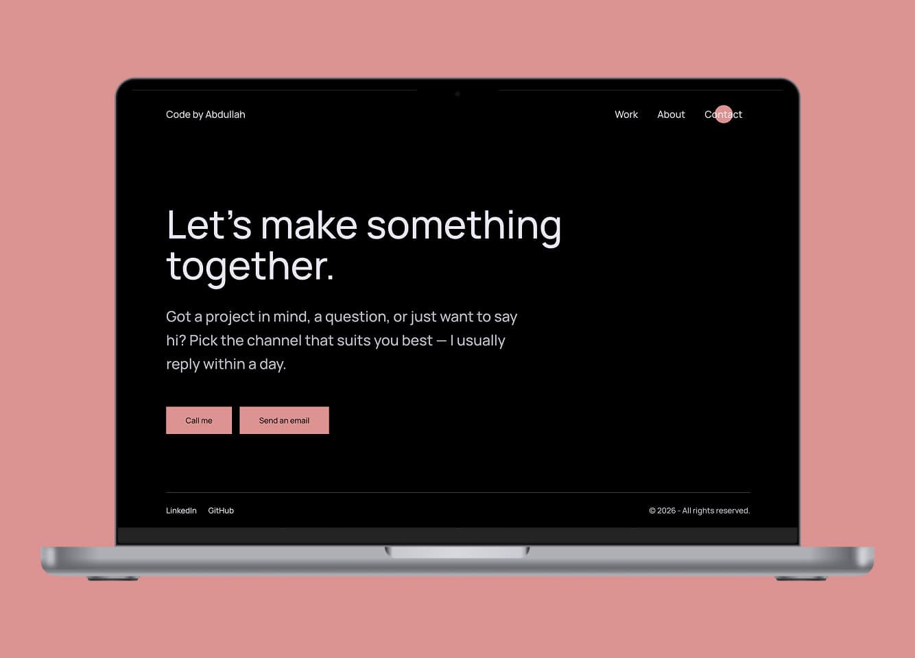 Dark-themed contact page of a developer portfolio on a laptop, with call and email CTA buttons